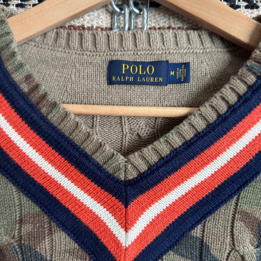 Polo Ralph Lauren V-Neck Cable Knit Sweater Medium Green Camo Tiger Patch - Picture 3 of 10